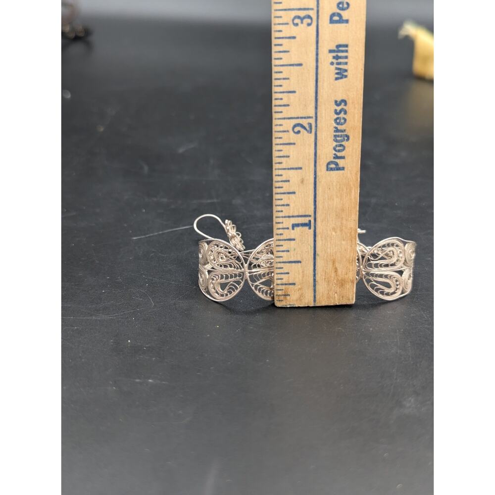 Vintage 925 Silver Large Filigree Flower & Bell Drop Earrings 7.59 Grams - Picture 5 of 7